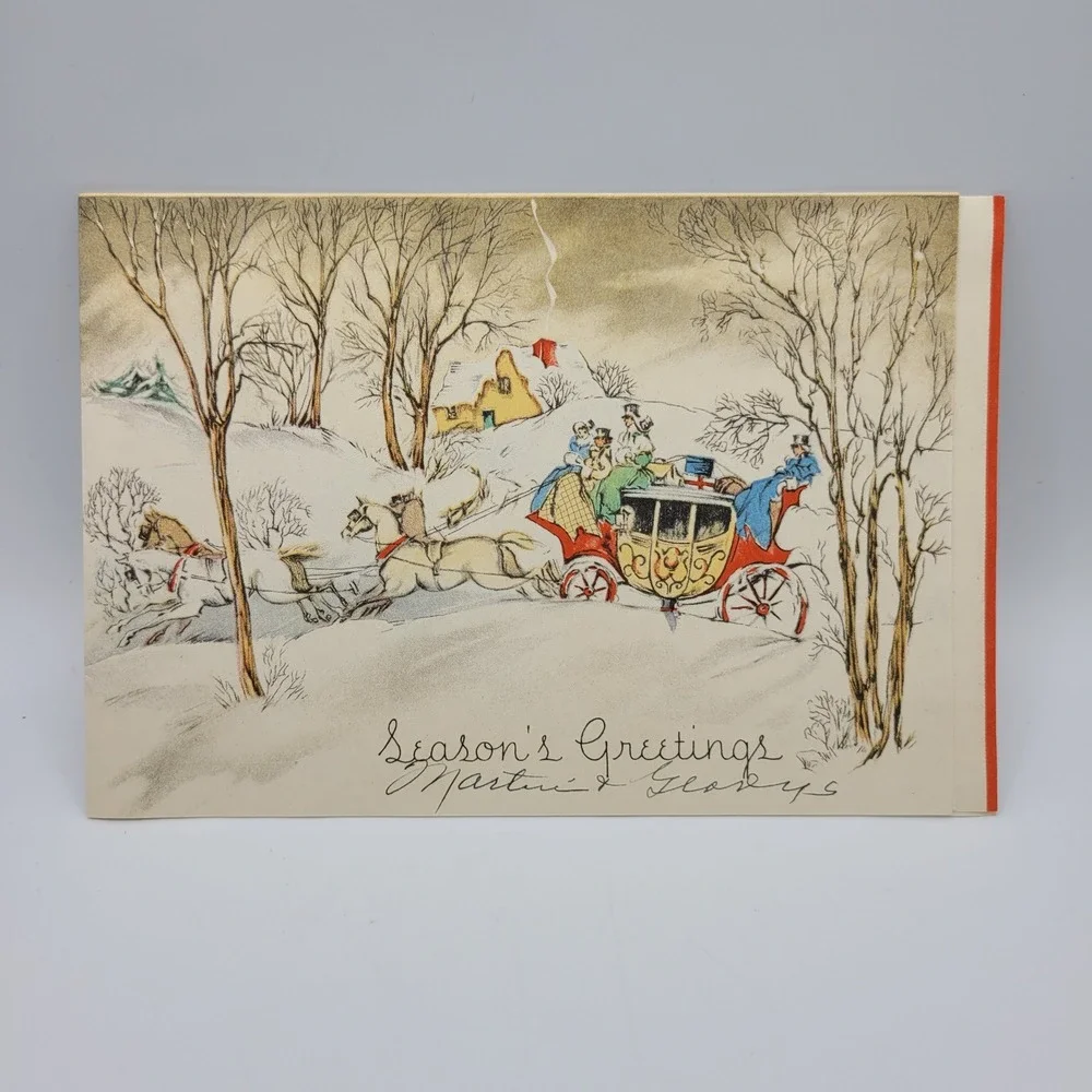 Vintage Seasons Greetings Christmas Card Horse Drawn Carriage‎ Signed
